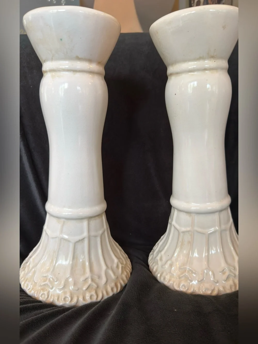 Vintage Pair of White Glazed Ceramic Milk Glass Candlestick Holders